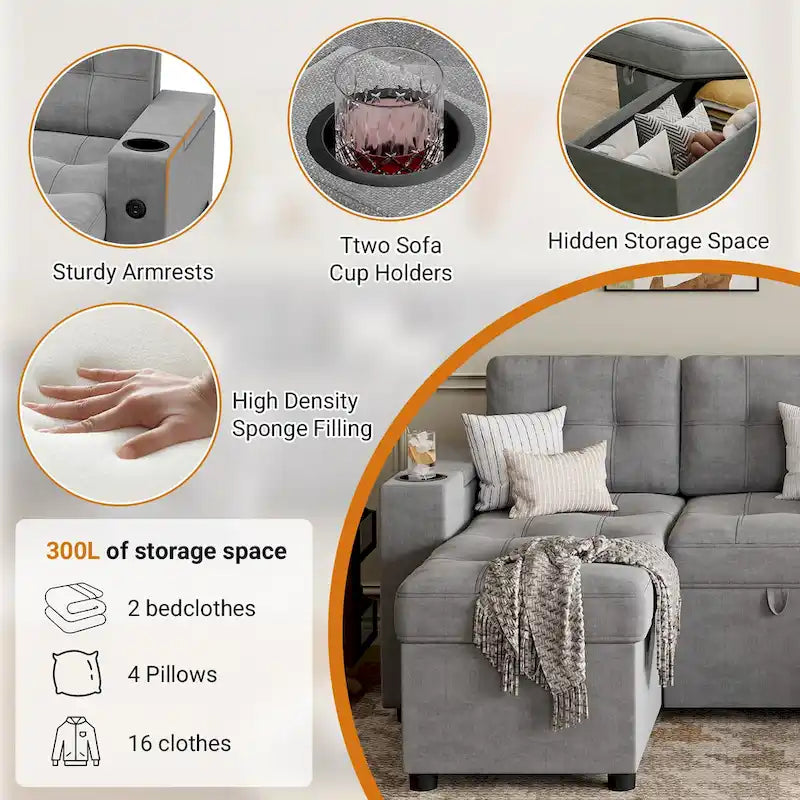 U-Shaped Sectional Sofa with Pull-Out Sleeper and Storage
