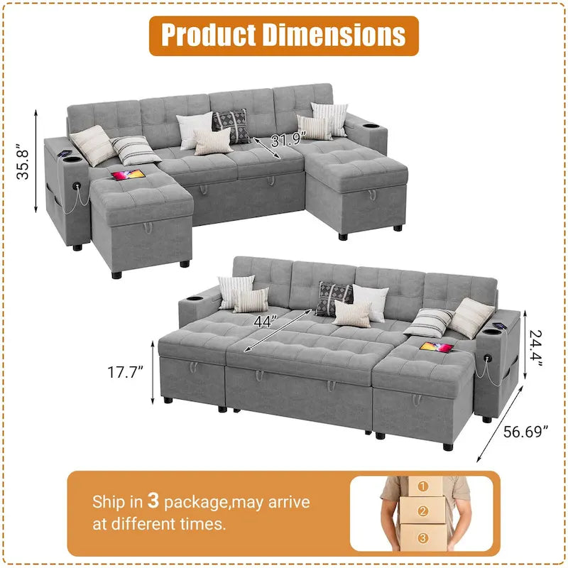 U-Shaped Sectional Sofa with Pull-Out Sleeper and Storage