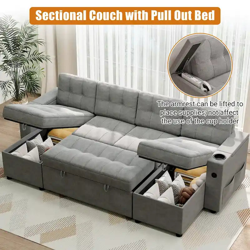 U-Shaped Sectional Sofa with Pull-Out Sleeper and Storage