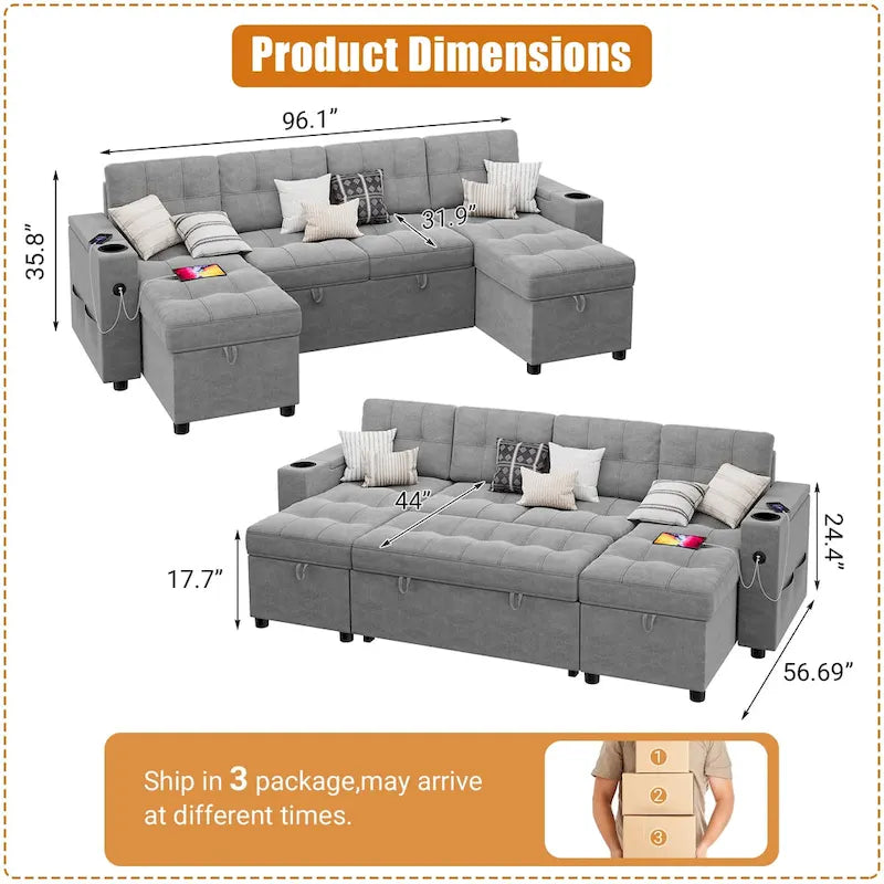 U-Shaped Sectional Sofa with Pull-Out Sleeper and Storage