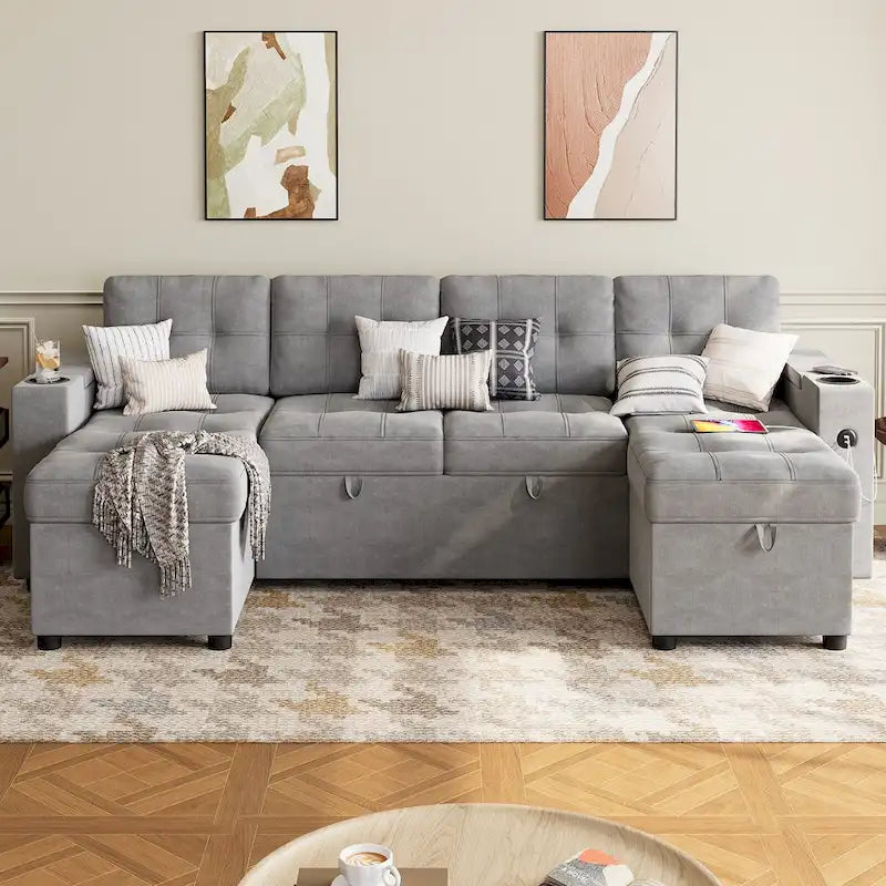 U-Shaped Sectional Sofa with Pull-Out Sleeper and Storage