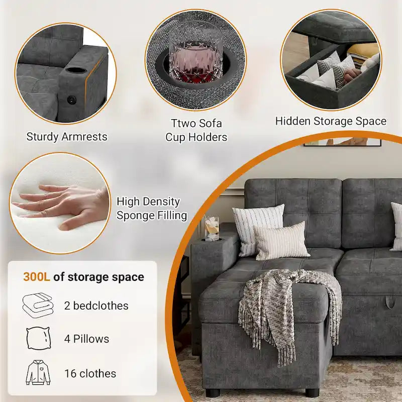U-Shaped Sectional Sofa with Pull-Out Sleeper and Storage