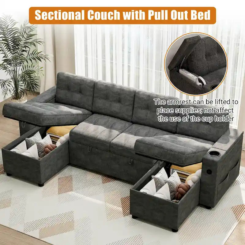 U-Shaped Sectional Sofa with Pull-Out Sleeper and Storage