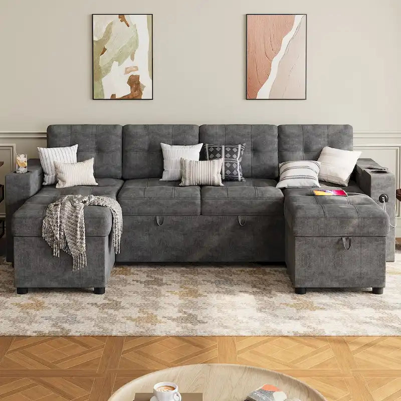 U-Shaped Sectional Sofa with Pull-Out Sleeper and Storage
