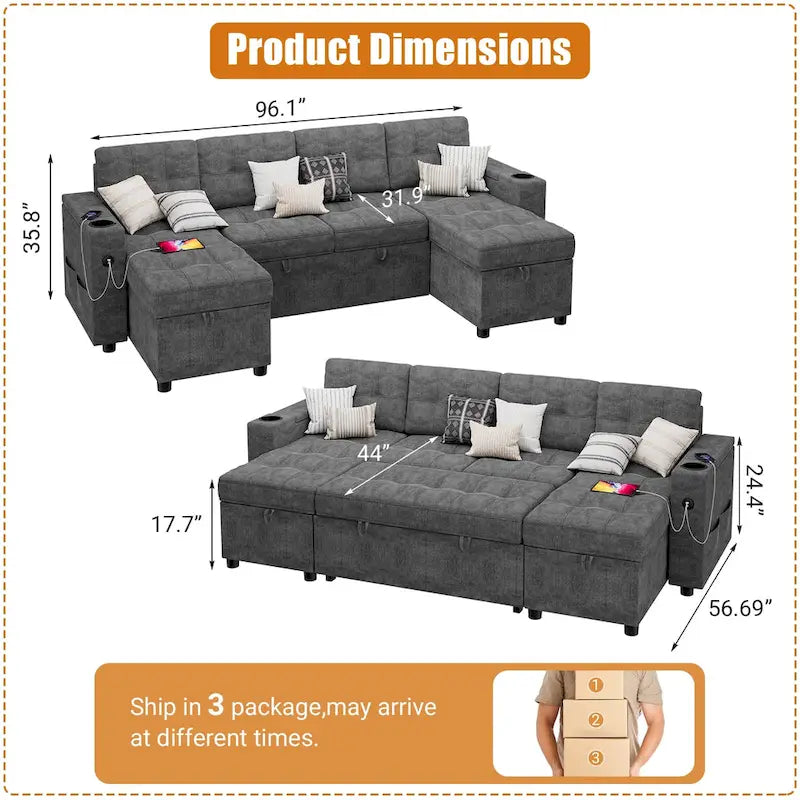U-Shaped Sectional Sofa with Pull-Out Sleeper and Storage