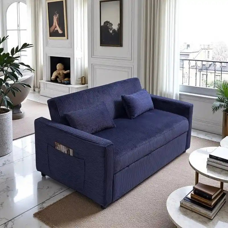 Convertible Corduroy Sofa with Adjustable Backrest and Storage Pocket
