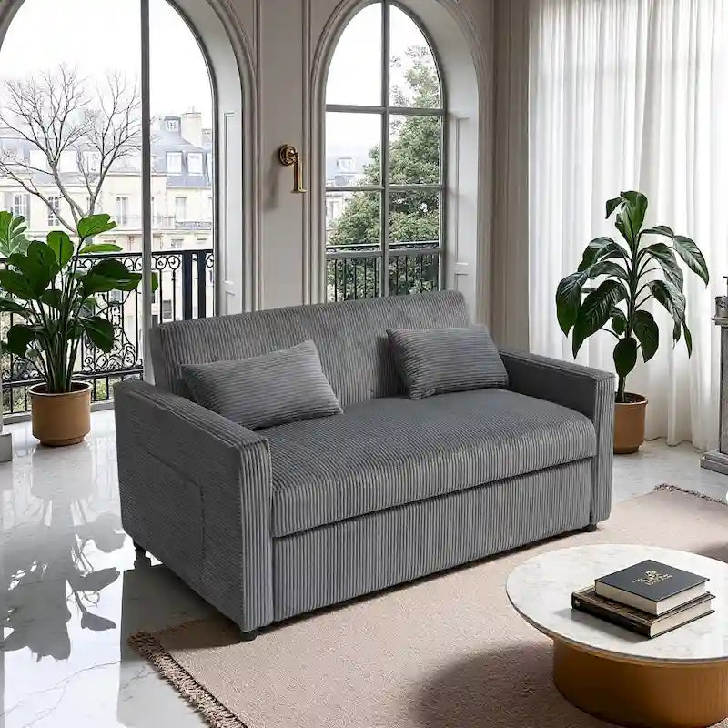 Convertible Corduroy Sofa with Adjustable Backrest and Storage Pocket