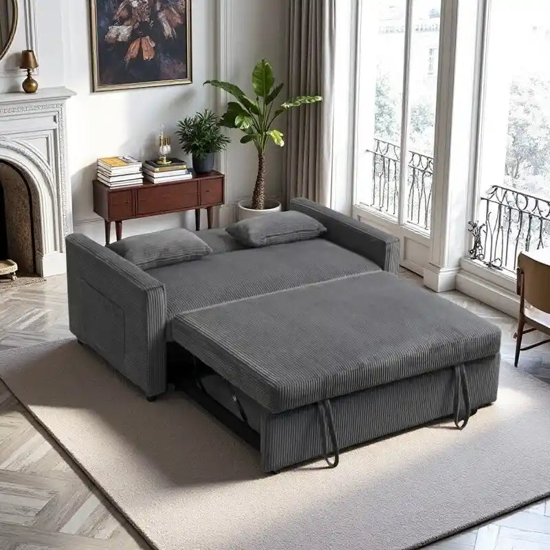 Convertible Corduroy Sofa with Adjustable Backrest and Storage Pocket
