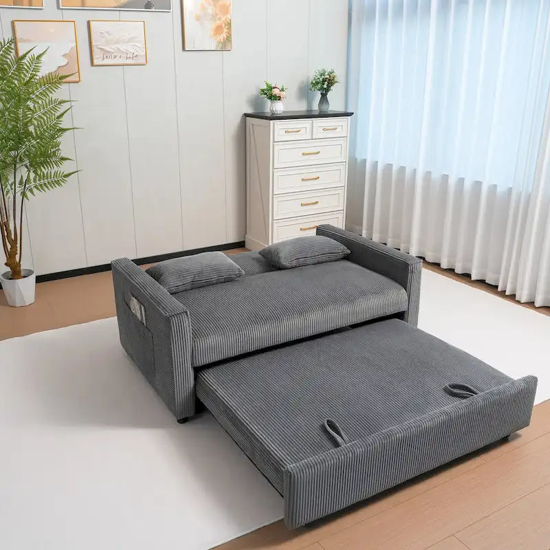 Convertible Corduroy Sofa with Adjustable Backrest and Storage Pocket