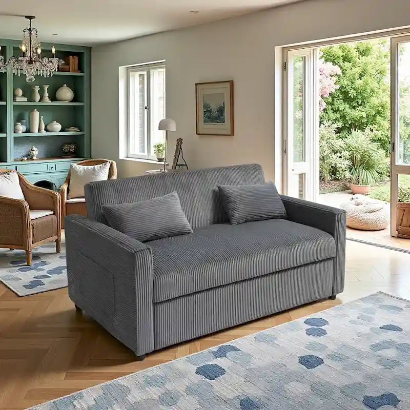 Convertible Corduroy Sofa with Adjustable Backrest and Storage Pocket