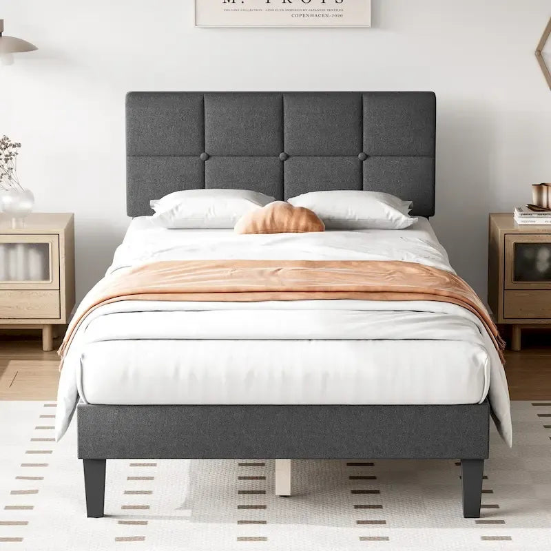 Queen Size Linen Upholstered Platform Bed with Adjustable Headboard and Wood Slat Support