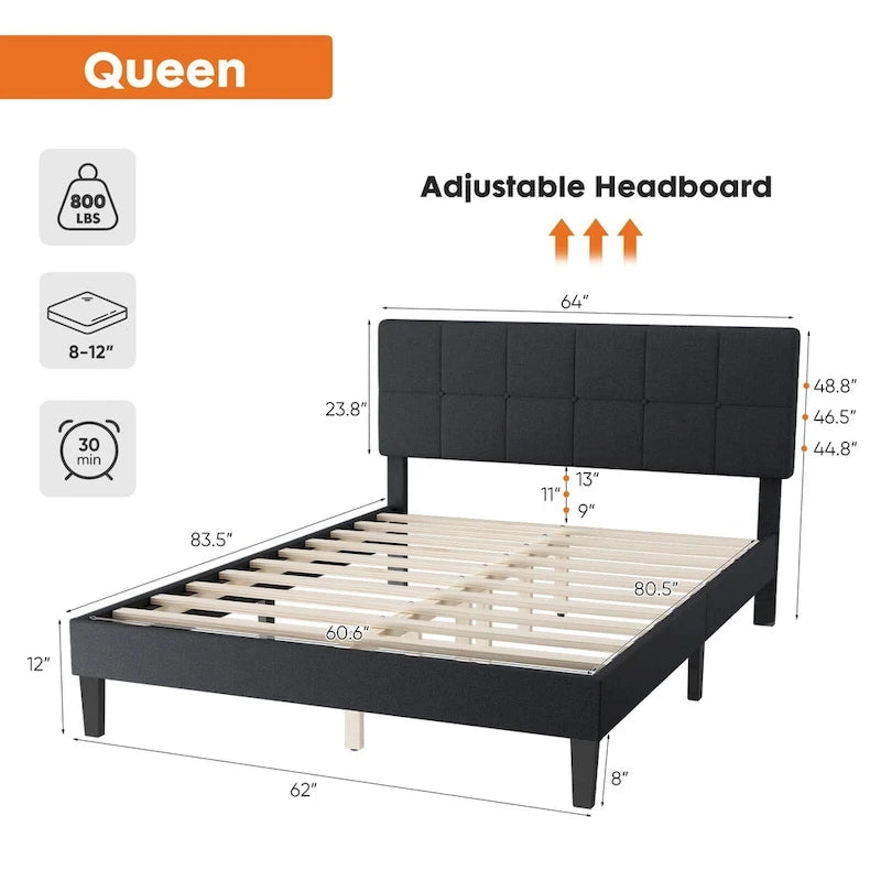 Queen Size Linen Upholstered Platform Bed with Adjustable Headboard and Wood Slat Support