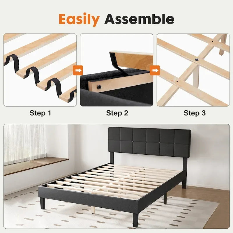 Queen Size Linen Upholstered Platform Bed with Adjustable Headboard and Wood Slat Support