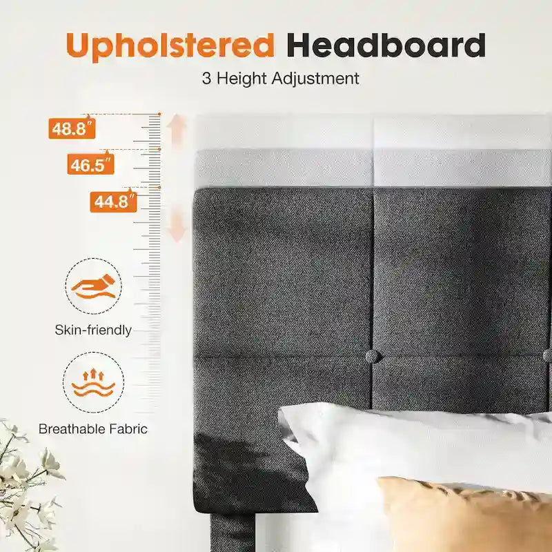 Queen Size Linen Upholstered Platform Bed with Adjustable Headboard and Wood Slat Support