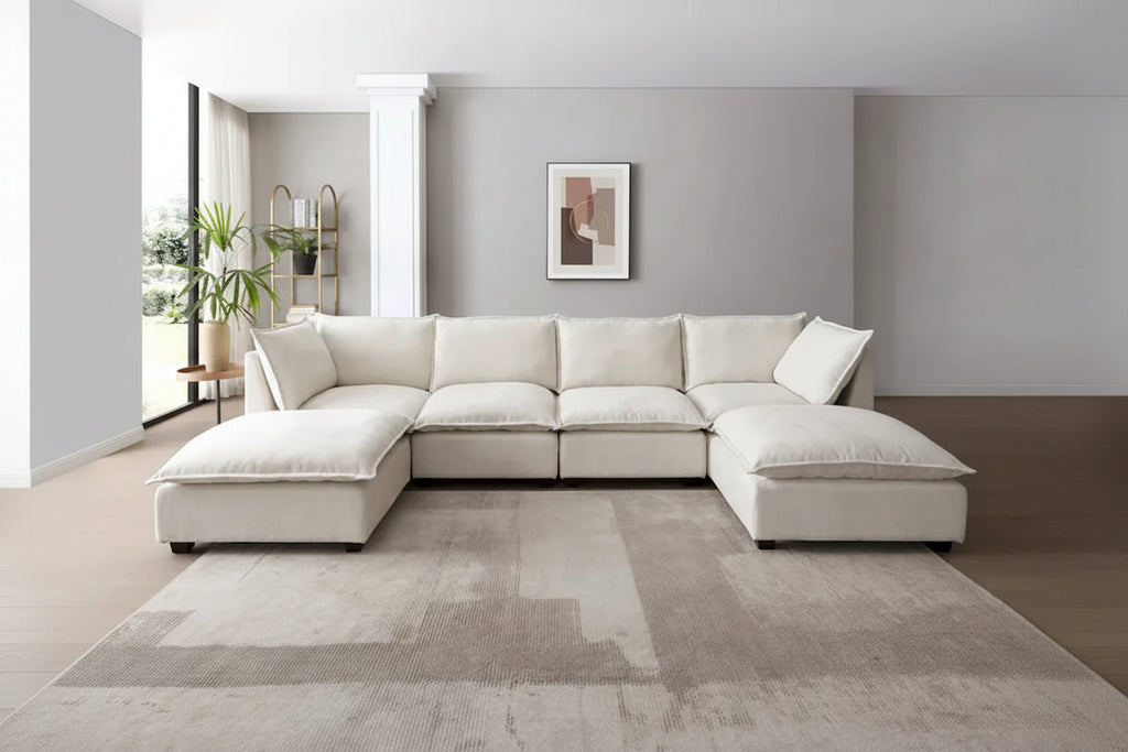 Beige 130 U-Shaped Customizable 6-Seat Modular Sectional Sofa with Convertible Ottoman and Versatile Assembly Options