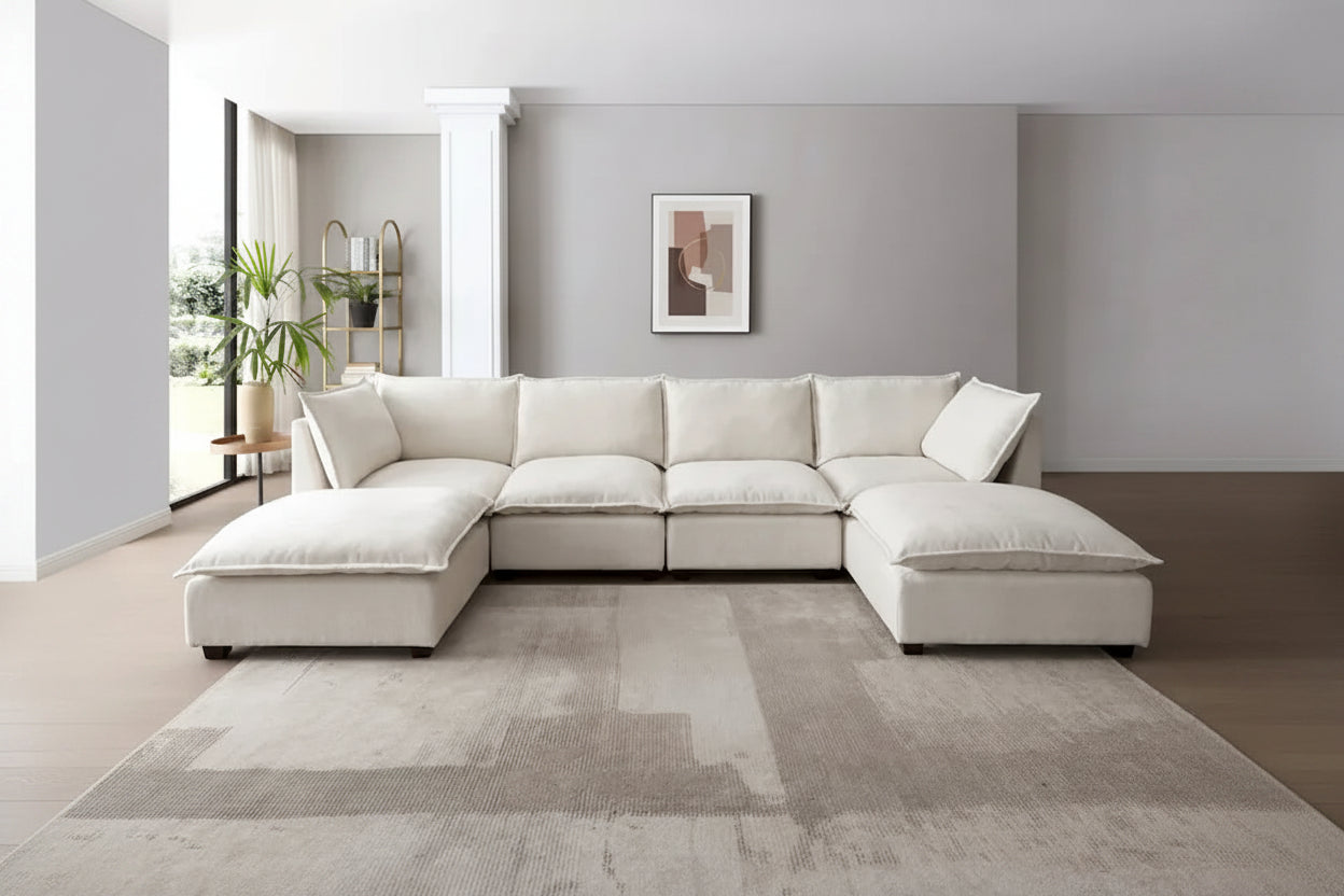 Beige 130 U-Shaped Customizable 6-Seat Modular Sectional Sofa with Convertible Ottoman and Versatile Assembly Options