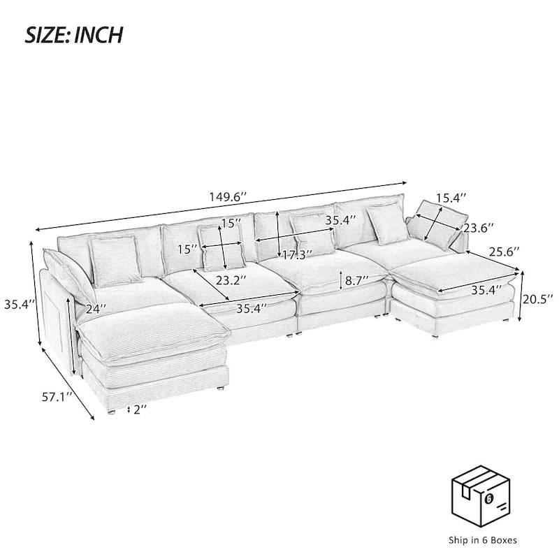 6-Piece Corduroy Modular Sectional Sofa with Side Storage Pockets