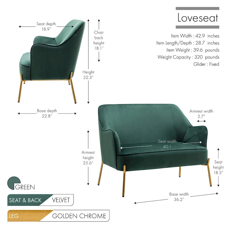 2-Seat Velvet Loveseat Sofa with Gold Chrome Legs