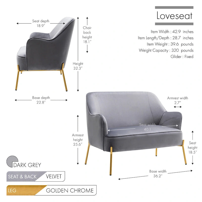 2-Seat Velvet Loveseat Sofa with Gold Chrome Legs