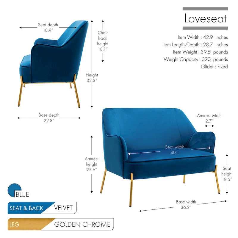 2-Seat Velvet Loveseat Sofa with Gold Chrome Legs