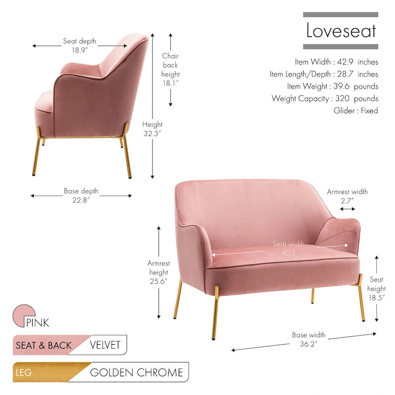 2-Seat Velvet Loveseat Sofa with Gold Chrome Legs