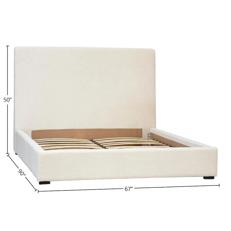 White Linen Upholstered Platform Bed