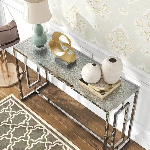 48-Inch Ripple Glass Top Sofa Table with Open Steel Frame
