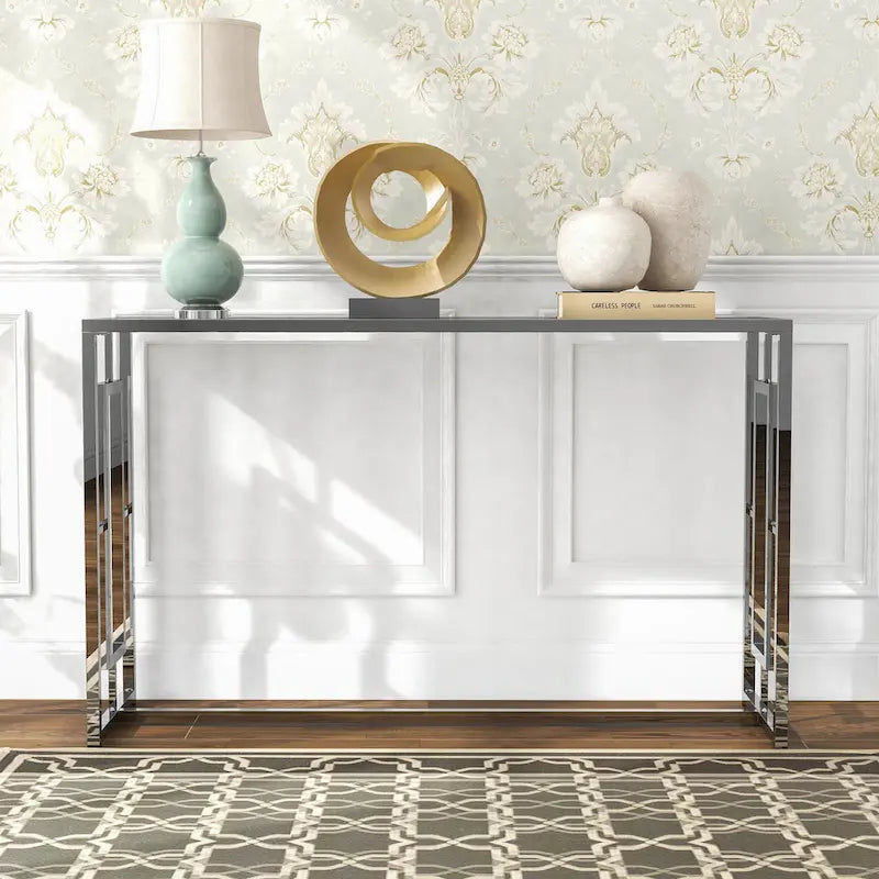 48-Inch Ripple Glass Top Sofa Table with Open Steel Frame