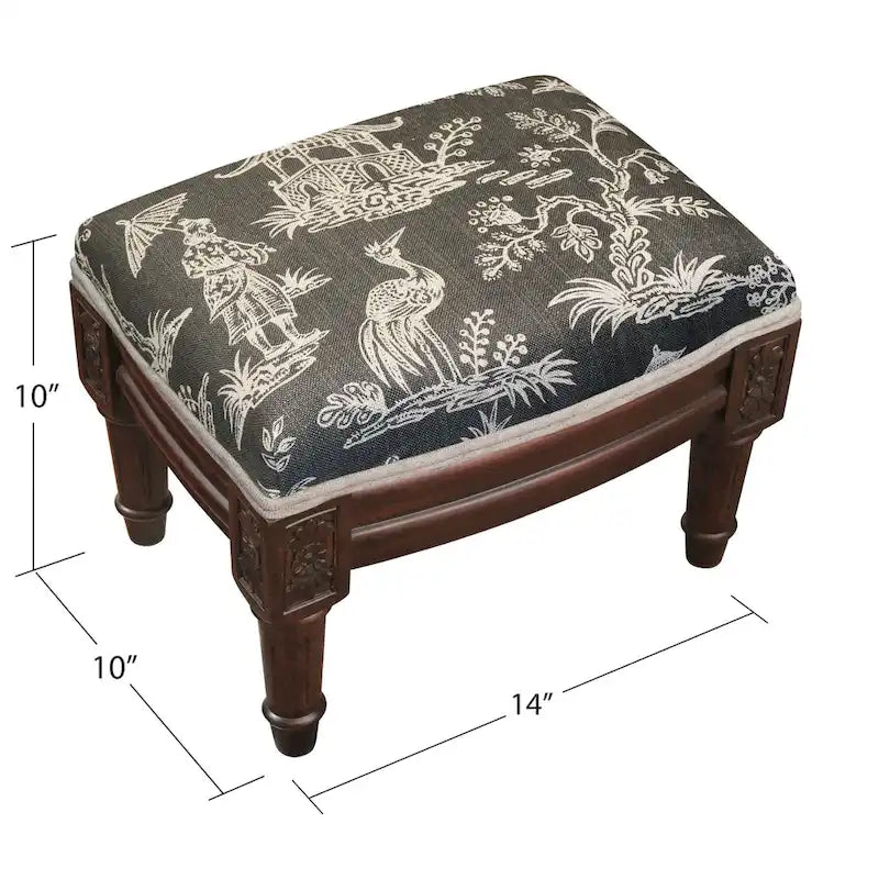 Gray Floral Linen Footstool with Carved Wood Legs