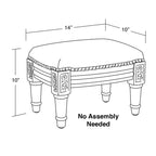 Gray Floral Linen Footstool with Carved Wood Legs