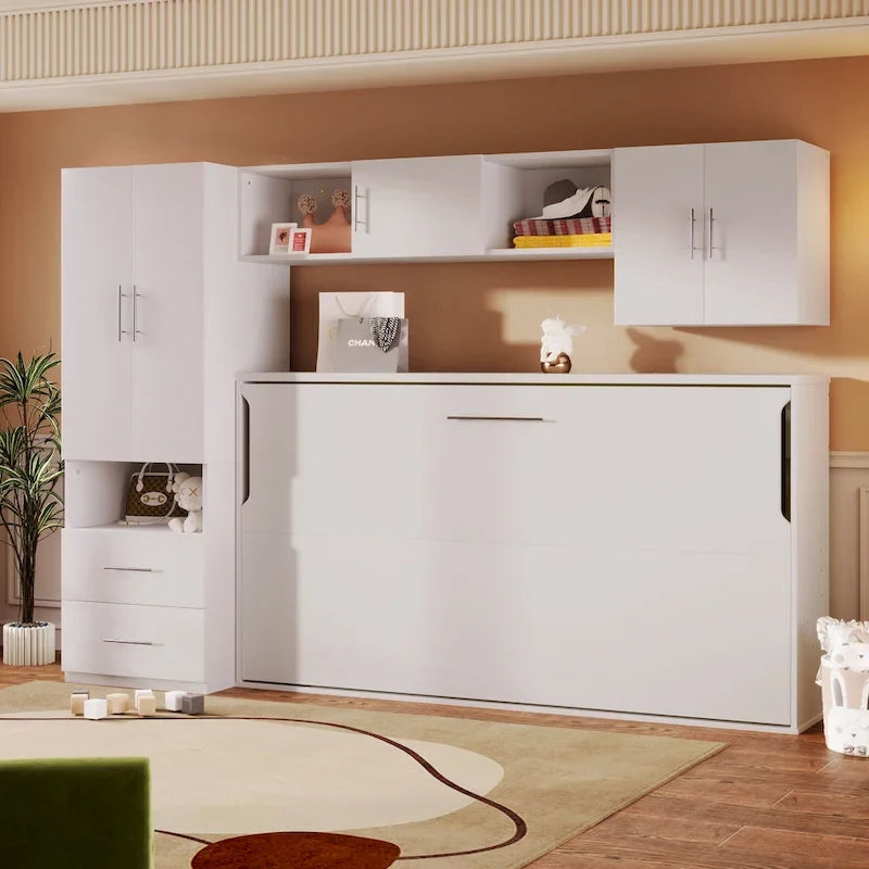 Twin Size Murphy Wall Bed with Storage Shelves, Drawers, Wardrobe and Built-in Desk, White