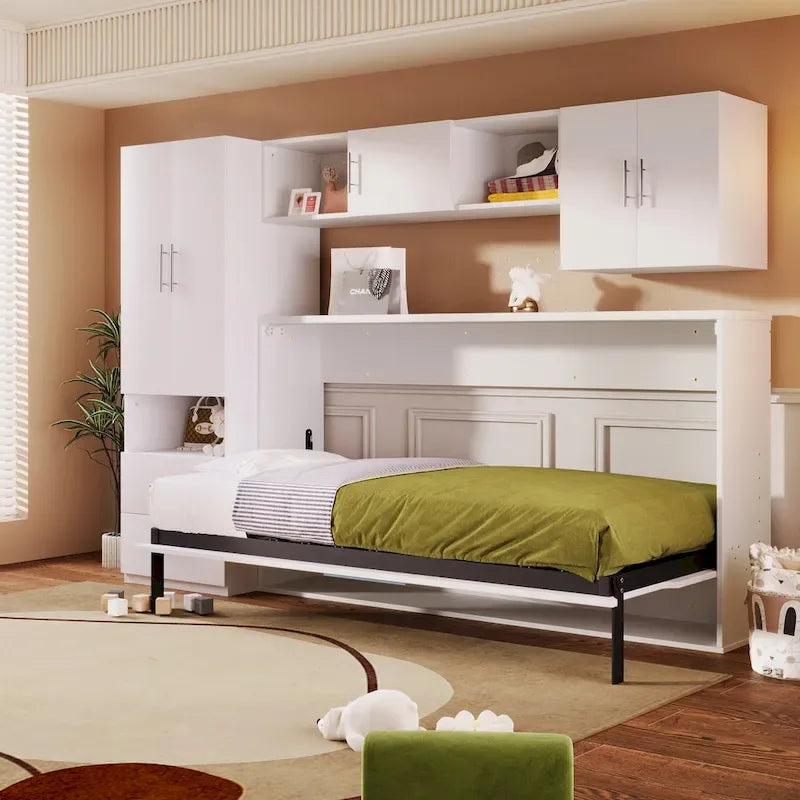 Twin Size Murphy Wall Bed with Storage Shelves, Drawers, Wardrobe and Built-in Desk, White