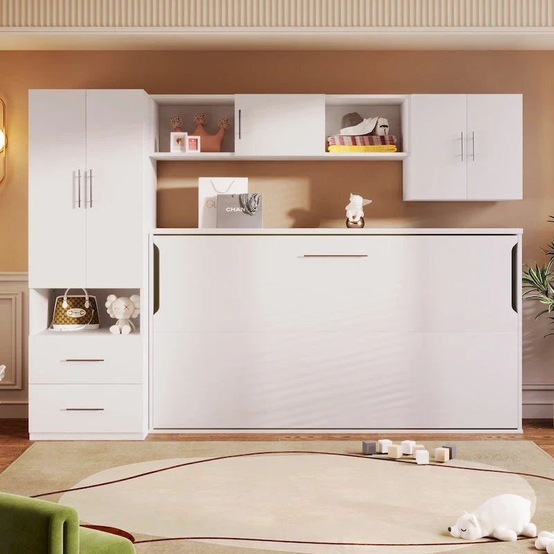 Twin Size Murphy Wall Bed with Storage Shelves, Drawers, Wardrobe and Built-in Desk, White