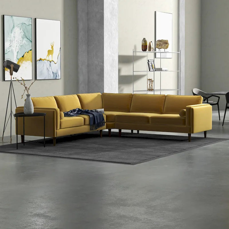 L-Shaped Corner Sectional Sofa with Chaise in Gold Velvet