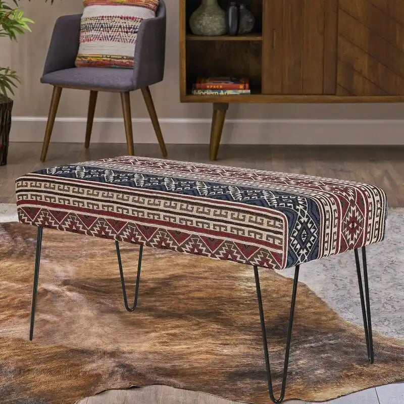 Rectangular Bench Ottoman with Fabric Seat and Metal Legs