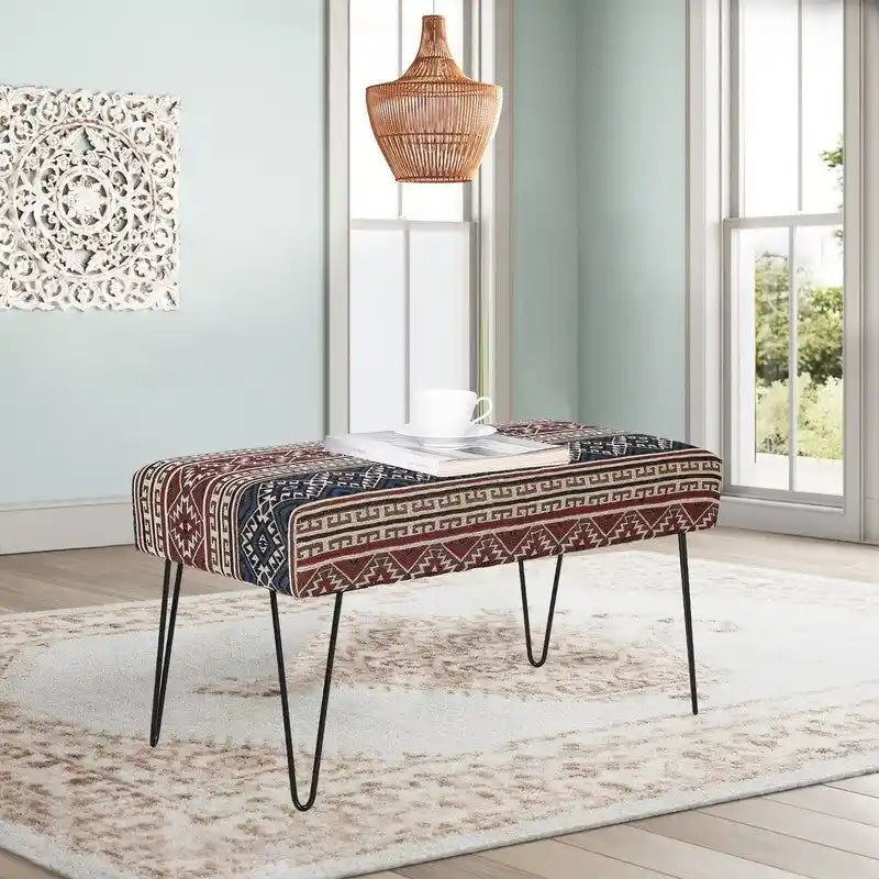 Rectangular Bench Ottoman with Fabric Seat and Metal Legs