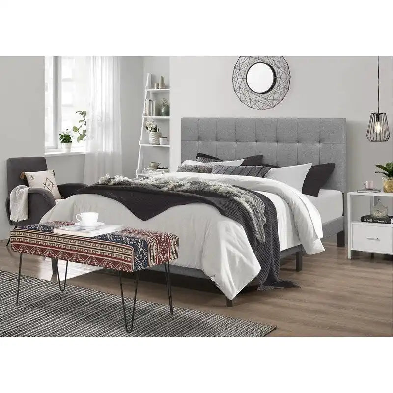 Rectangular Bench Ottoman with Fabric Seat and Metal Legs