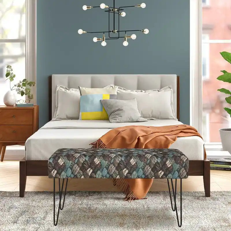 Rectangular Bench Ottoman with Fabric Seat and Metal Legs