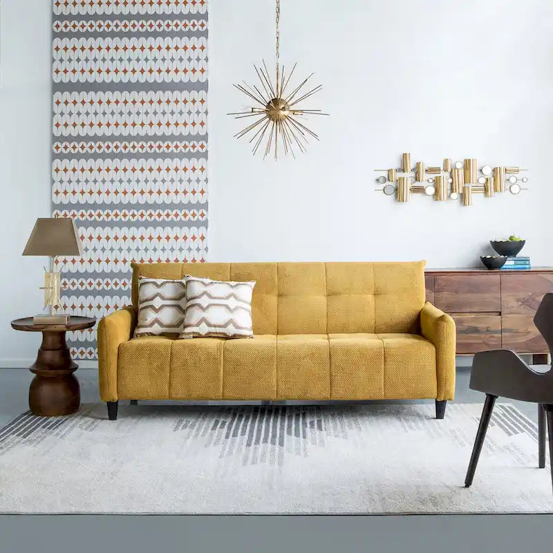 79-Inch Mustard Fabric Sofa Bed with Biscuit Tufting
