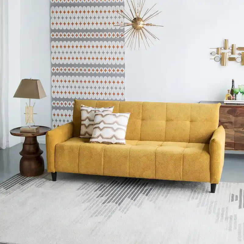 79-Inch Mustard Fabric Sofa Bed with Biscuit Tufting