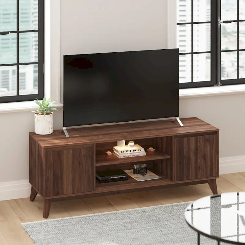Mid-Century Modern TV Stand with Storage Cabinets and Adjustable Shelf