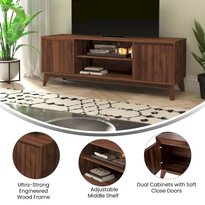 Mid-Century Modern TV Stand with Storage Cabinets and Adjustable Shelf