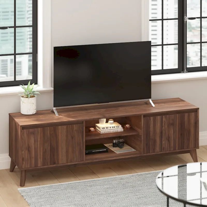 Mid-Century Modern TV Stand with Storage Cabinets and Adjustable Shelf