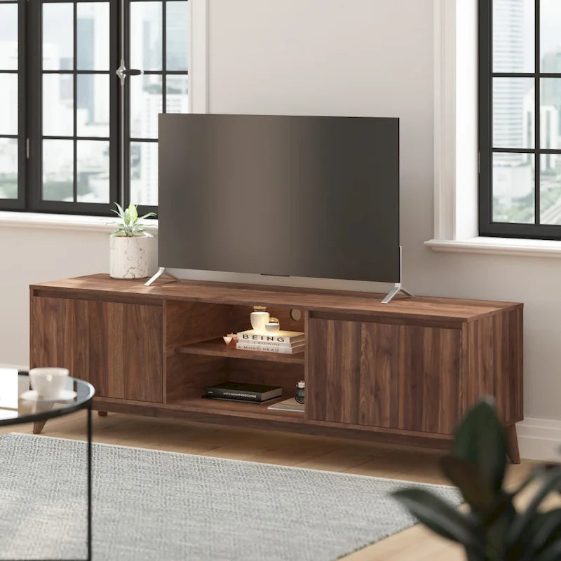 Mid-Century Modern TV Stand with Storage Cabinets and Adjustable Shelf