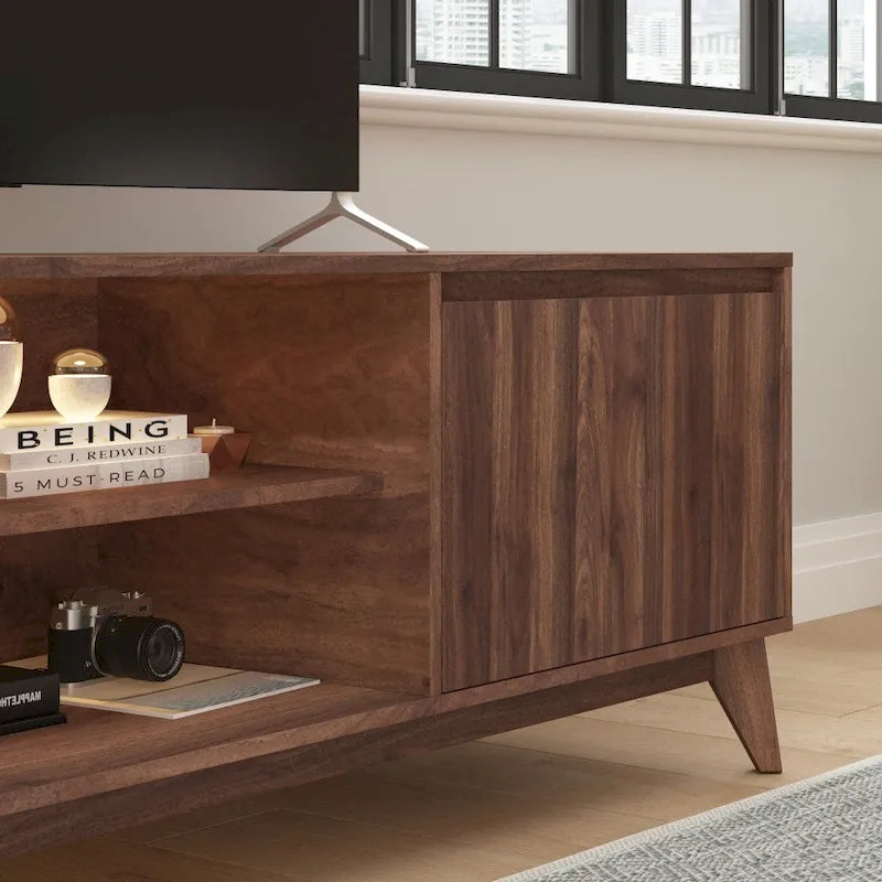Mid-Century Modern TV Stand with Storage Cabinets and Adjustable Shelf