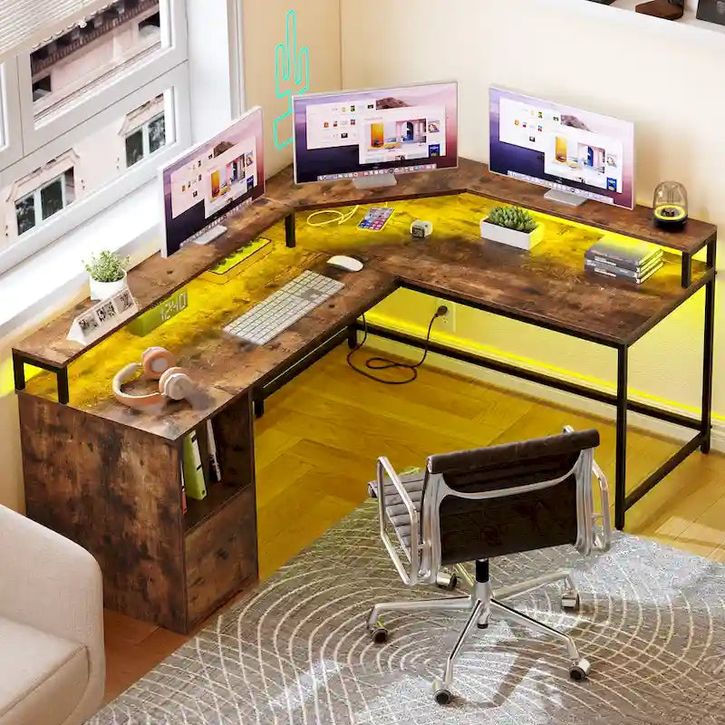 L-Shaped Desk with Monitor Stand, Charging Station and LED Light Strip