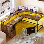 L-Shaped Desk with Monitor Stand, Charging Station and LED Light Strip