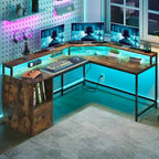 L-Shaped Desk with Monitor Stand, Charging Station and LED Light Strip