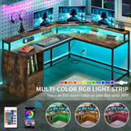 L-Shaped Desk with Monitor Stand, Charging Station and LED Light Strip
