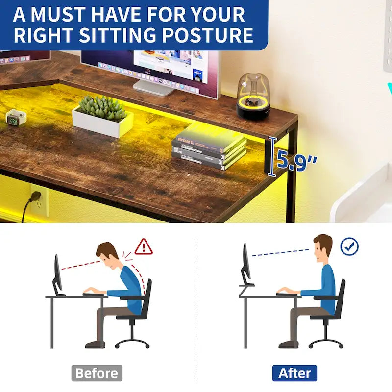 L-Shaped Desk with Monitor Stand, Charging Station and LED Light Strip